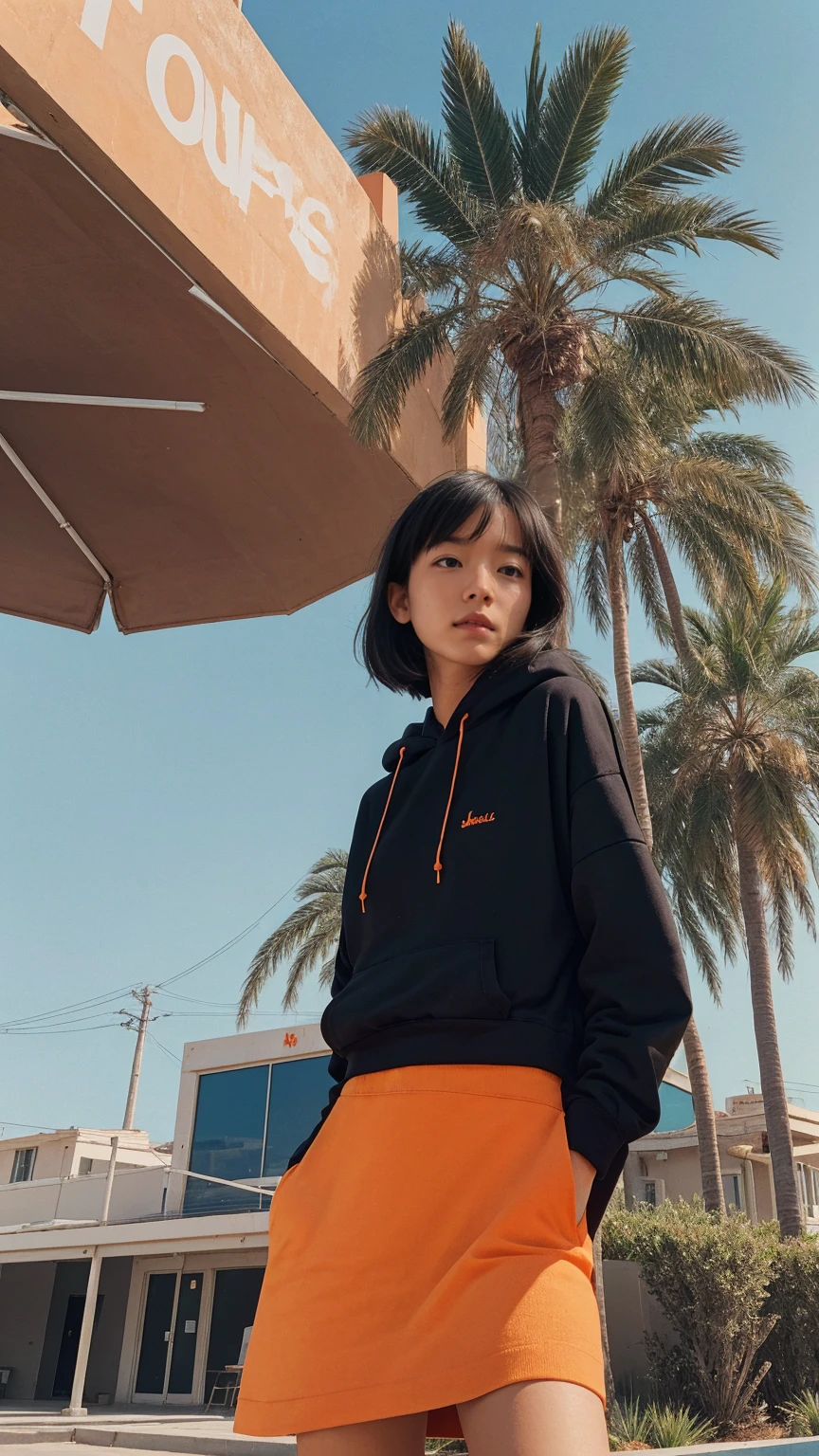 1 girl, wear ((orange oversized hoodie)), (purple tennis skirt),Best Quality,Masterpiece,Ultra High Resolution,(Realisticity:1.4),Original Photo, 1Girl, light leak,dark intens shadow,ultra high resolution,UHD,beautiful, (black bob hair), almond eye, no makeup, in front of 80's architecture colorful motel, (from below:1.2), (realistic:1.2), (surreal:1.3), (very detailed:1.1), ((masterpiece)),summer, blue sky, palm trees,sunny, los angles vibes