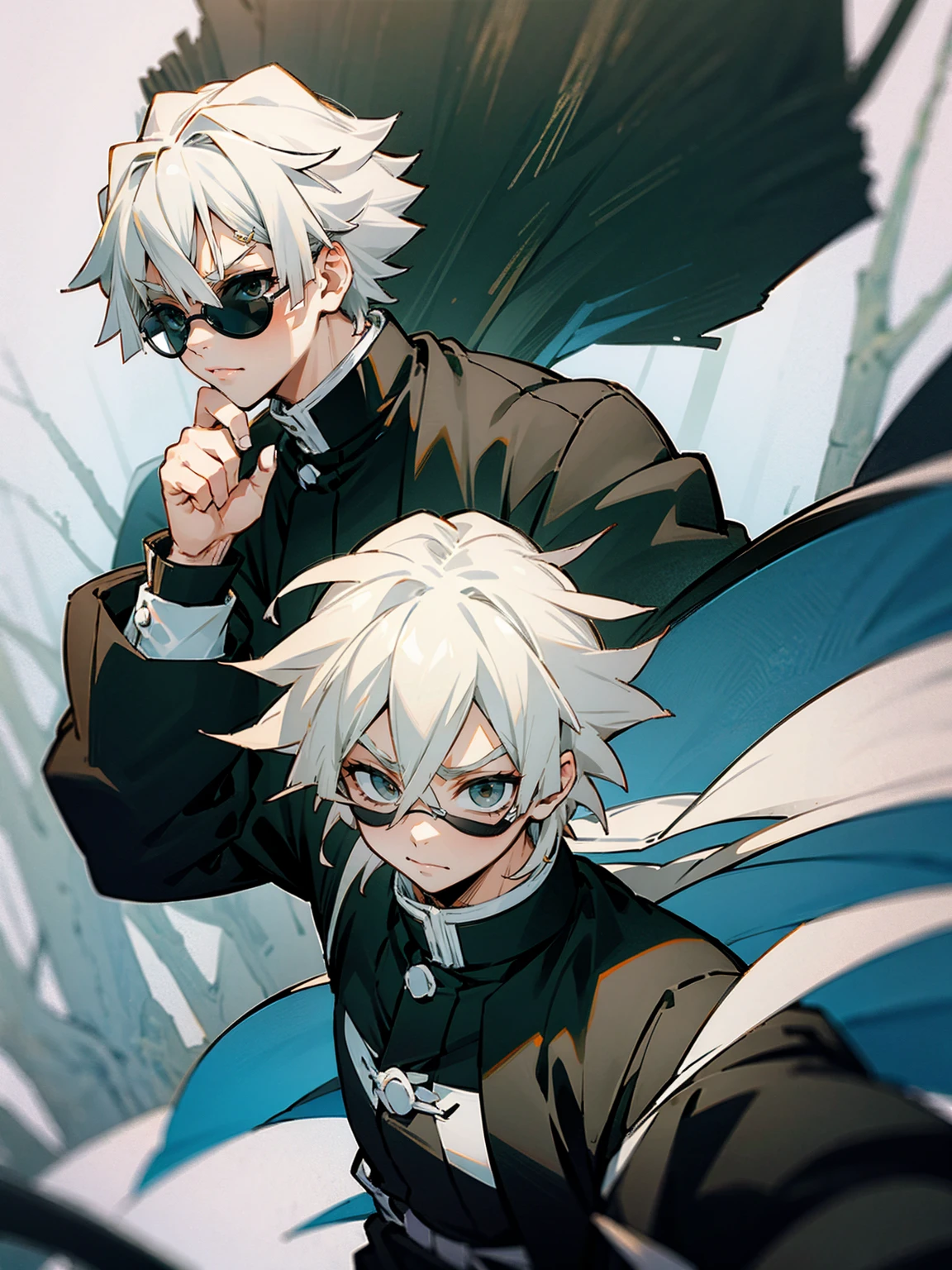 1male, black and white hair, sunglasses, black demon slayer haori, forest