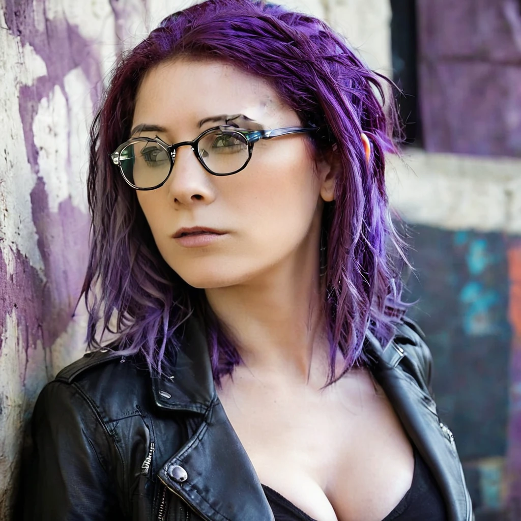 
there is a woman with glasses and a black jacket on, Dark purple hair and cybernetics, grungy woman, Emo art student, with glasses, Purple hair portrait of woman, Profile shot, purple and black, look from the side, Shot from the side, Irish horrors, dark and dirty, purple and black, shot from far away, topless, Breasts and nipples 