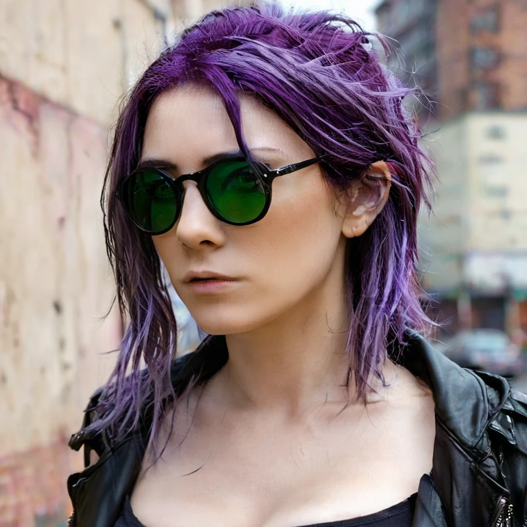 
there is a woman with glasses and a black jacket on, Dark purple hair and cybernetics, grungy woman, Emo art student, with glasses, Purple hair portrait of woman, Profile shot, purple and black, look from the side, Shot from the side, Irish horrors, dark and dirty, purple and black, shot from far away, topless, Breasts and nipples 