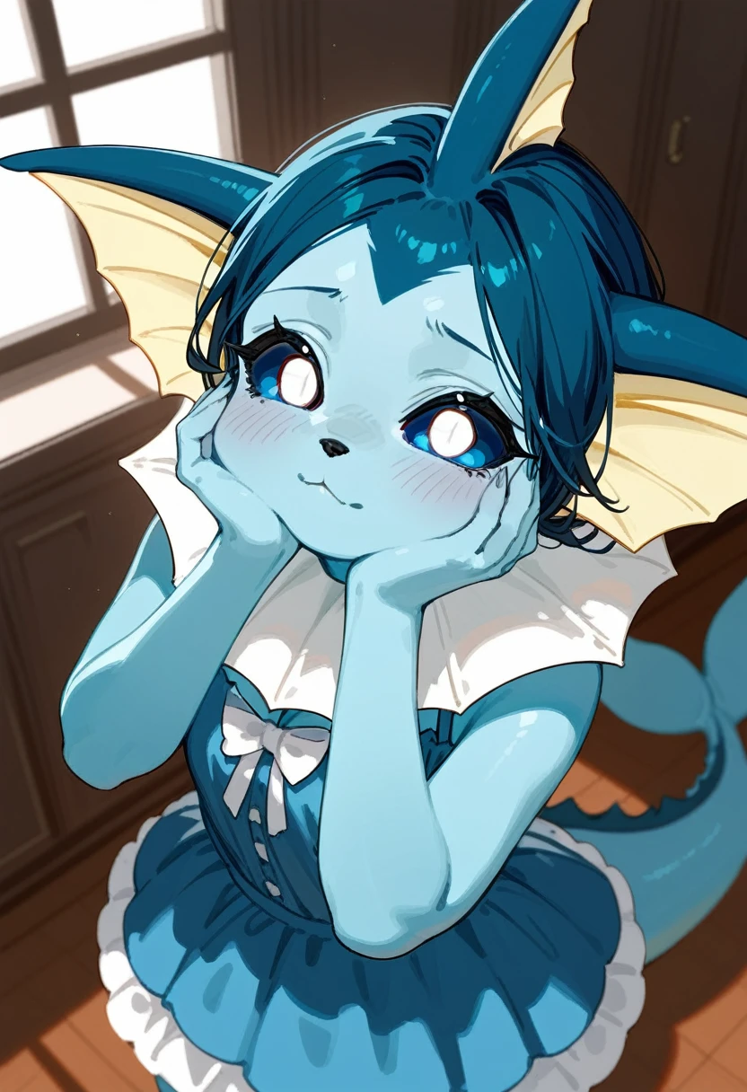 Alone, score_9,score_8_above,score_7_above, a female anthro vaporeon, calvo, blue sclera, white eyes, wearing blue blouse, ruffled skirt, inside, shy pose, hands to his face