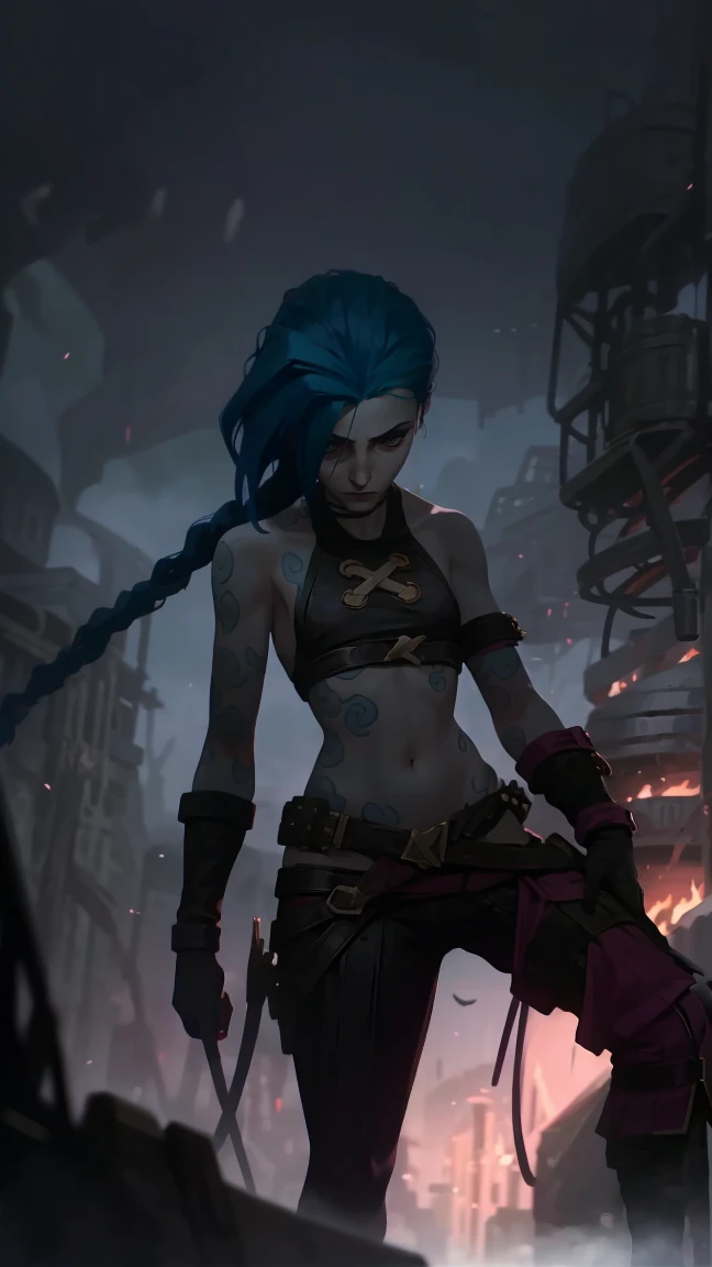 very sexy, crazy look, длинные синие hair заплетены в косы, full length (full body 1.1.), tight leather pants, Jinx's character design, stands on the edge of the roof, fantasy city, night, explosions, fire, Sparks, Purple Flashes, beautiful figure, Arcane Curse, Bright blue and purple Sparks all around, burning eyes, Pink Shiny eyes, длинные hair, hair, braided in long braids, Pigtails hang below the knee, Hair color changes from bright blue to navy blue., leather boots on the feet, Top with four gold circles on the chest in the middle of the chest., Blue cloud tattoo on shoulders and waist., long bangs, hanging on the right side, чрезвычайно подробные обои CG Unity 8k, detailed light, Cinematic lighting, Chromatic aberration, sparkling, inexpressive, epic composition, dark in the background, Chereter Design, very detailed, detailed body, Vibrating, detailed face, sharp focus, anime art, Vibrating, detailed face, Hugh Details, sharp focus, Detailed eye, Super lovely illustration, best shadow, finely detail, beautiful detailed glow, beautiful detailed, extremely detailed, inexpressive, epic composition,