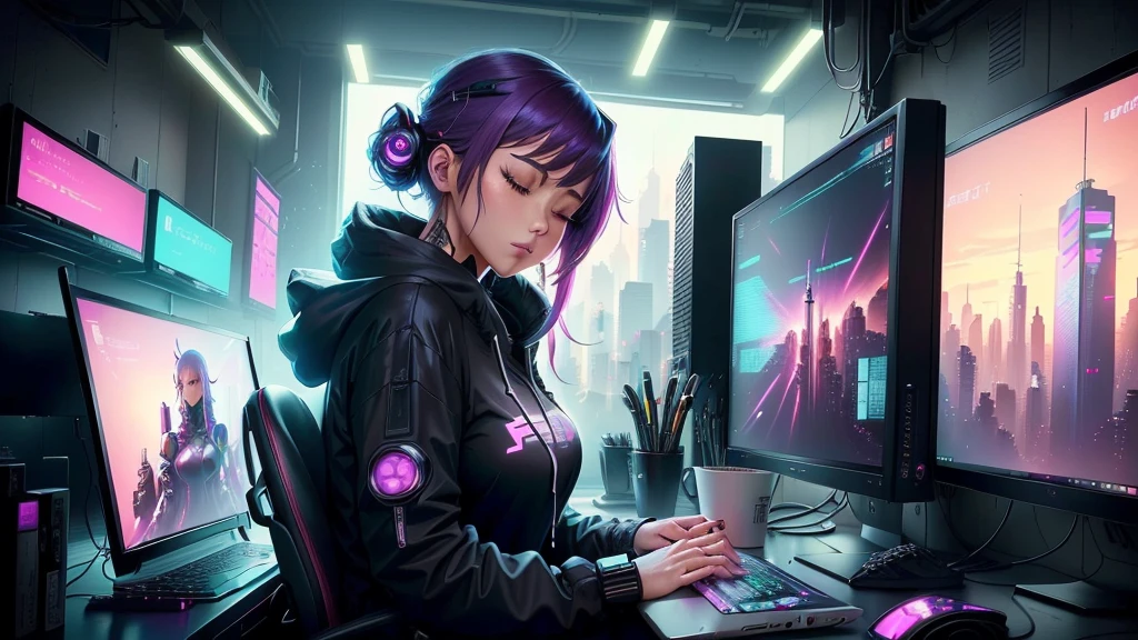 There is a woman sitting at a desk with a laptop and a monitor, digital Cyberpunk anime art, Digital Cyberpunk - Anime Art, Cyberpunk Anime Girl, Cyberpunk Anime Girl in hoodie, Cyber , female Cyberpunk Anime Girl, anime cyberpunk art, Cyberpunk anime art, Cyberpunk art style, dreamy Cyberpunk Girl, Cyberpunk Girl, Cyberpunk Style, Cyberpunk beautiful girl, Cyberpunk themed art,eyes closed