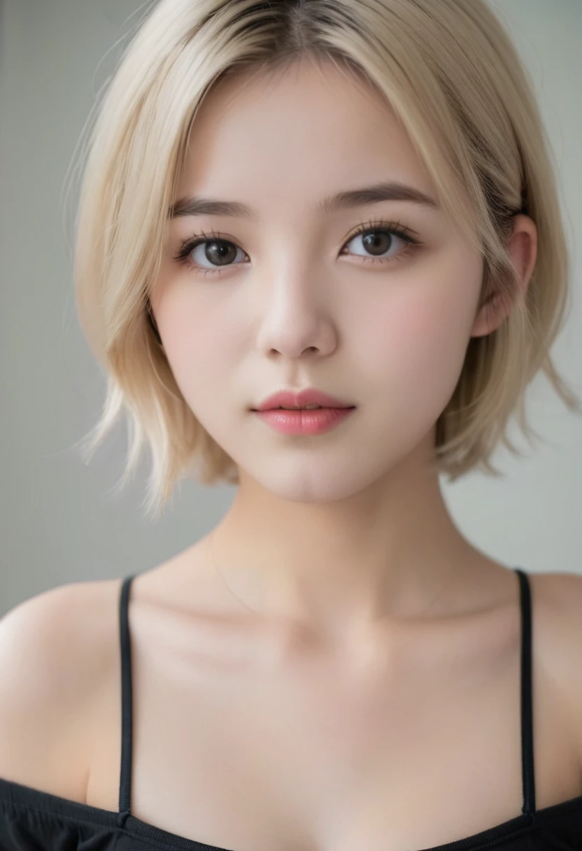 Fair and blonde girl with short hair and pink lips, 15 years old, sexy body looking at the camera from above while wearing a very open black neckline where you can see her breasts