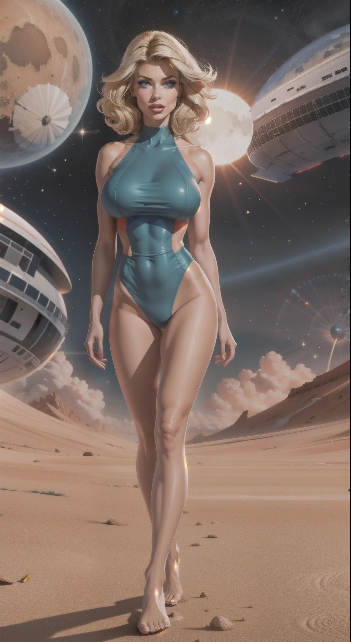 High resolution image of muscular blonde white skin woman, showing full body,  big, big-ass, wearing futuristic space  outfit, walking on deserted Mars, With Sun, looking at camera, perfect italian style face, fine nose, pink mouth lips, cloused mouth, well-defined eyes with blue irises, show beautiful legs, show your two beautiful feet, beautiful toes, 8K ultra resolution.