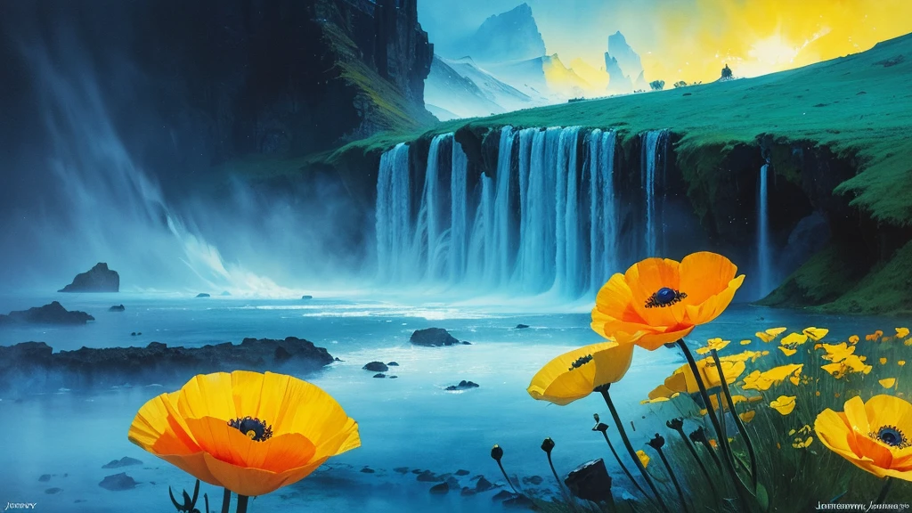 32k, Masterpiece, Highest quality, One girl, Detailed eyes, flower,Iceland Poppy, Blue and yellow style,A dreamy, romantic piece,Pale yellow, Mysterious Leaves,A playful arrangement,Fantasy,High Contrast,Ink strokes,explosion,Exposure, Impression of blue and yellow tones,Abstract,((Watercolours by John Berkey and Jeremy Mann )) Brush strokes,Negative Space, Tyndall effect,