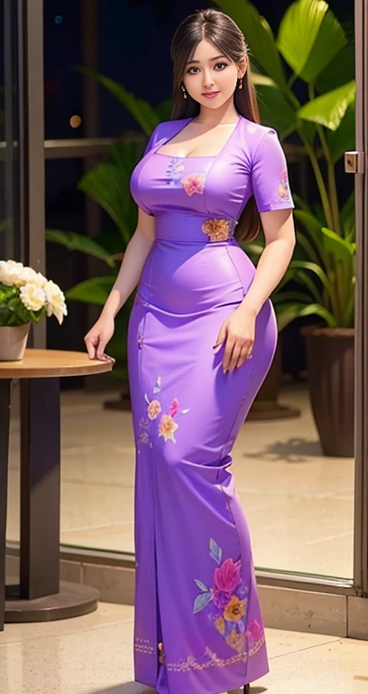 Burmese girl with attractive curvy full body. Friends full-length bikini, ( dress) reflective long dress painted with flower patterns, only dress. hi gh hips High resolution High resolution natural background High resolution HD 3D, 8K cartoon anime