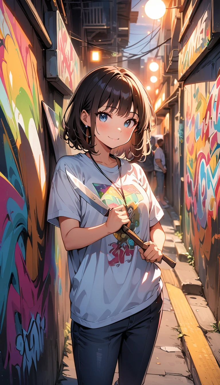 Graffiti style anime style, adventurer cat, dense jungle, holding a machete . Street art, vibrant, urban, detailed, tag, mural, high quality photography, 3 point lighting, flash with softbox, 4k, Canon EOS R3, hdr, smooth, sharp focus, high resolution, award winning photo, 80mm, f2.8, bokeh