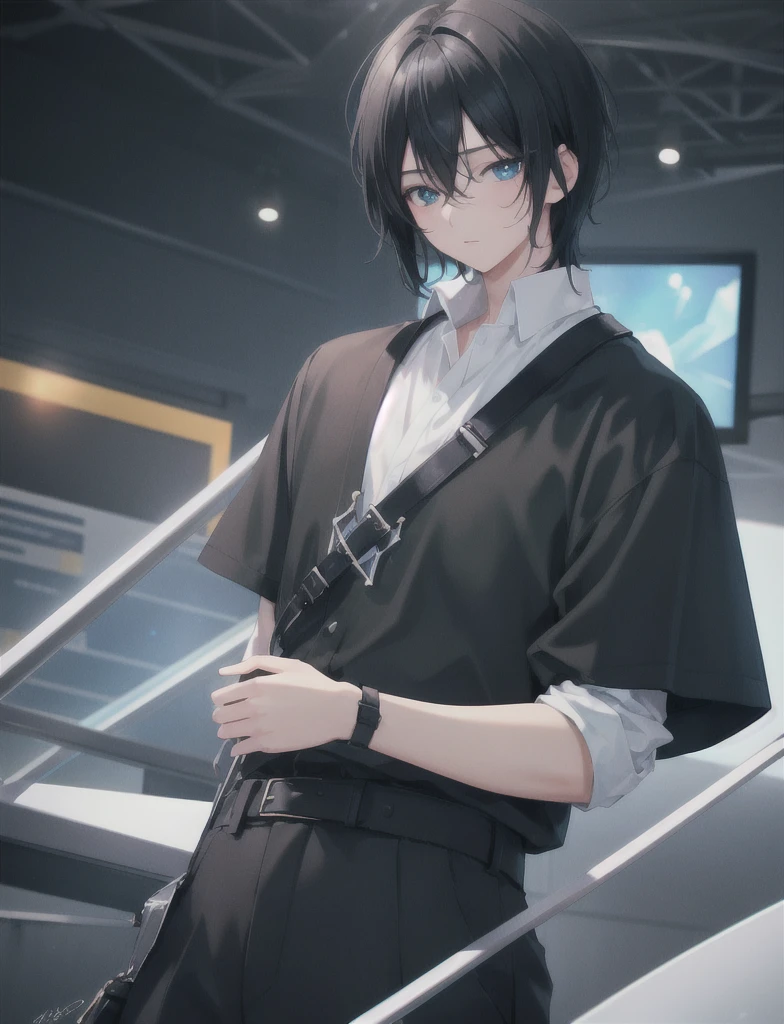 Super high quality, boy,black hair,Looks sleepy ,Blue Tone,High resolution, Best lighting by famous artists, 8K, figure,