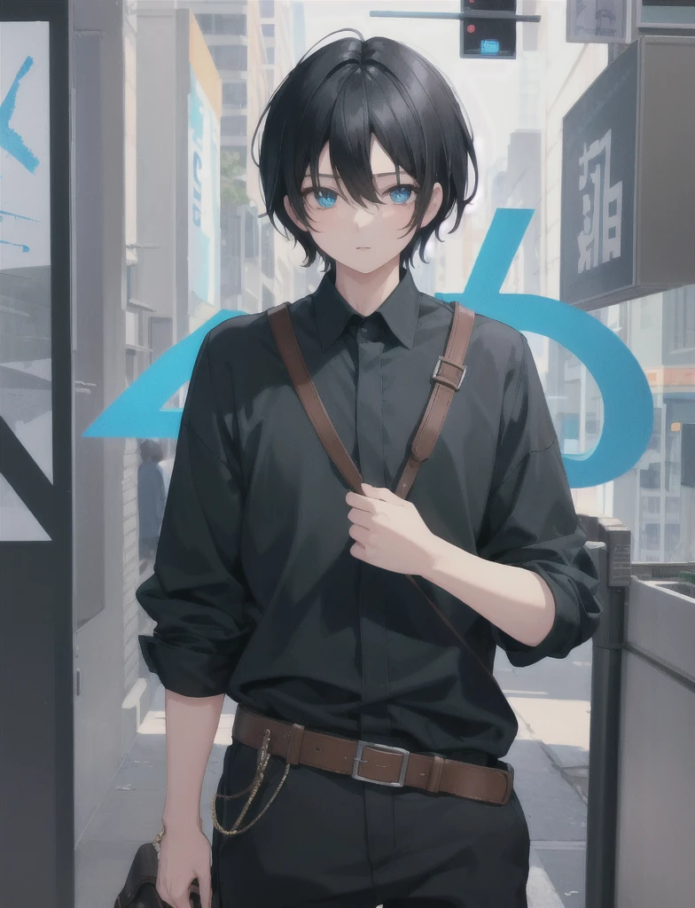 Super high quality, boy,black hair,Looks sleepy ,Blue Tone,High resolution, Best lighting by famous artists, 8K, figure,