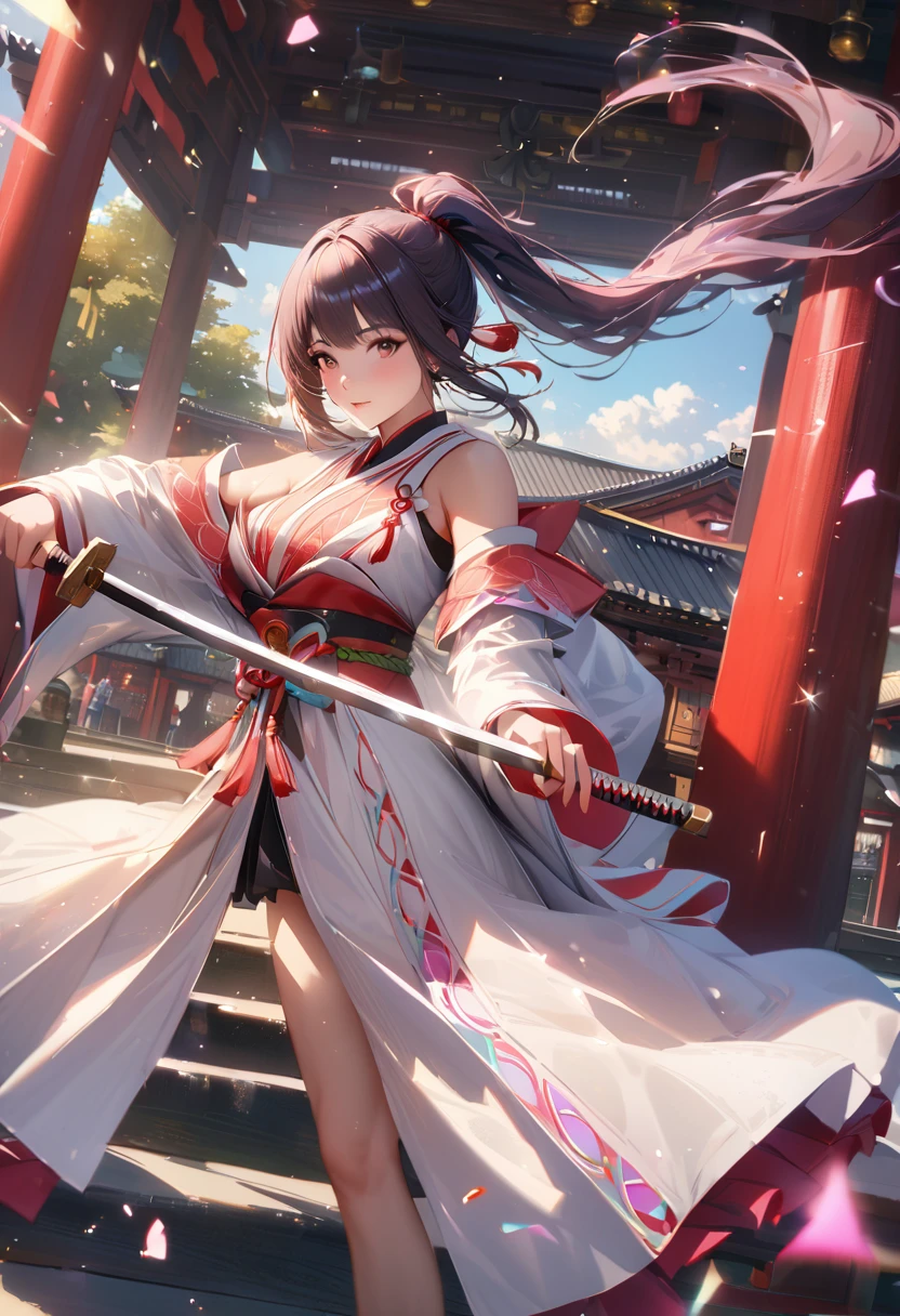 Shrine grounds, Clear sky with white clouds, Shrine maiden, Blur the background,young woman,ponytail,Holding a Japanese sword upright,Glitter effect,Highest quality, 8K, High resolution, masterpiece:1.2, Very detailed, Realistic:1.37, High resolution, 超High resolution, Ultra-fine painting, Very detailed, Professional, Vibrant colors