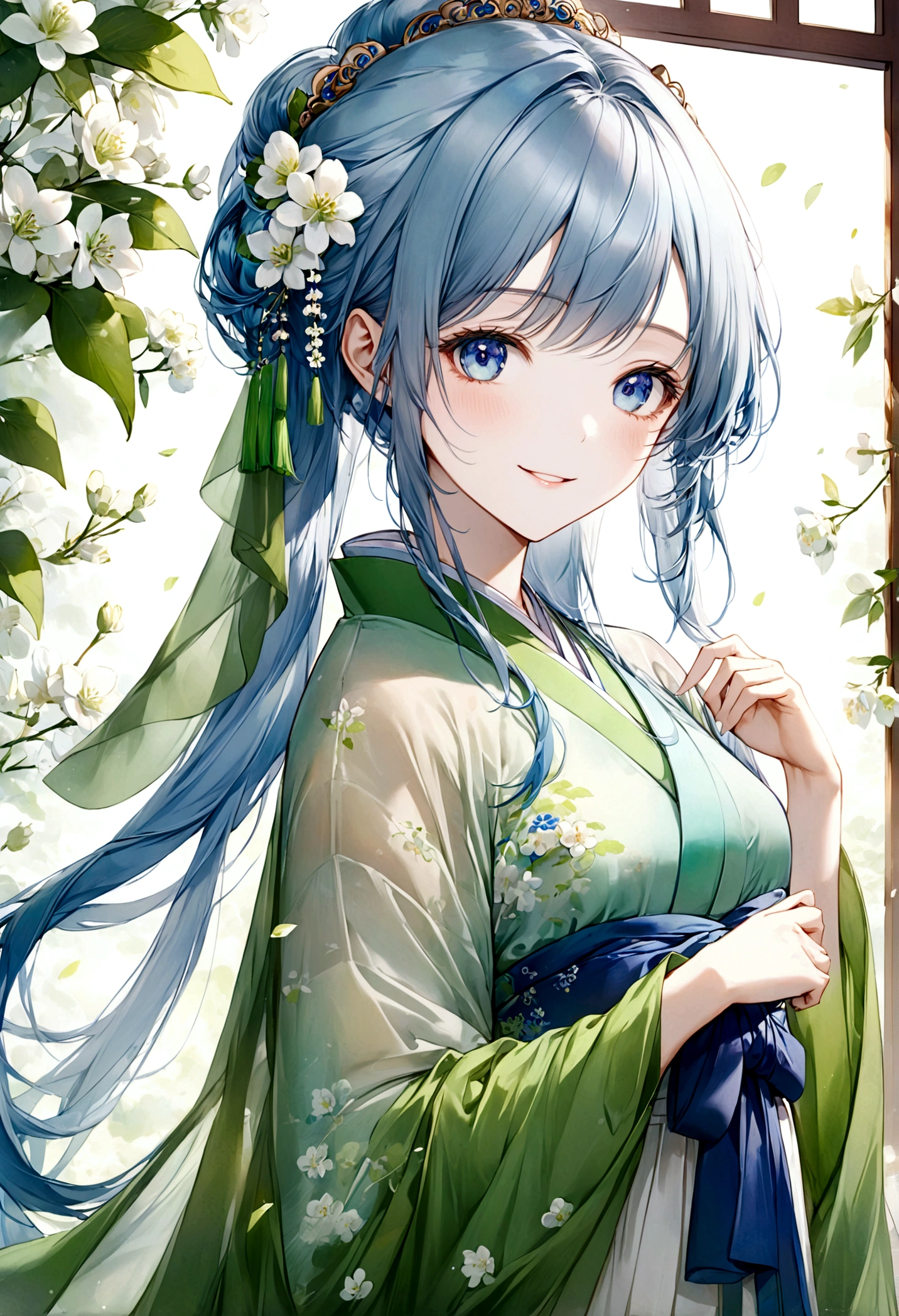 ((top-quality)), ((​masterpiece)), ((ultra-detailliert)), (extremely delicate and beautiful), beautiful woman, bright light blue hair, long hair, sapphire blue eyes, traditional chinese hairstyle, wearing beautiful hanfu dress, sheer green hanfu, flowy shawl, shawl is sheer spring green, sweet smile, relaxed expression, fair complexion, delicate white flowers background