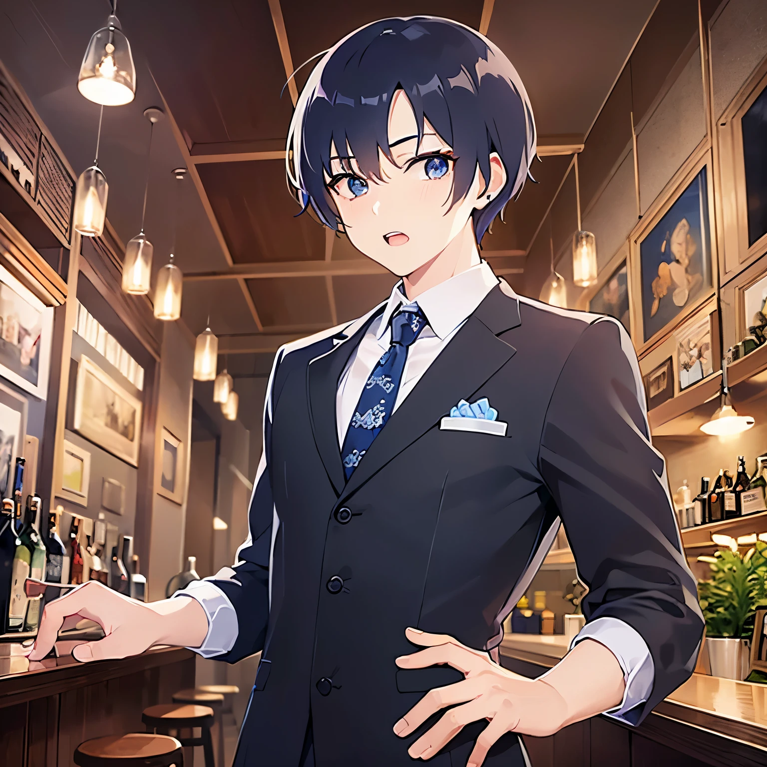 Detailed CG,Ultra-fine illustrations,masterpiece,Highest quality,Shiny skin,BREAK(26 year old male:1.5)BREAK,(Black Short Hair)and(blue eyes),(suit:1.5)and(White collared shirt)and(Blue tie),(shocked:1.5),(wide-eyed),(open mouth),The background is the interior of a bar at night.,Alone
