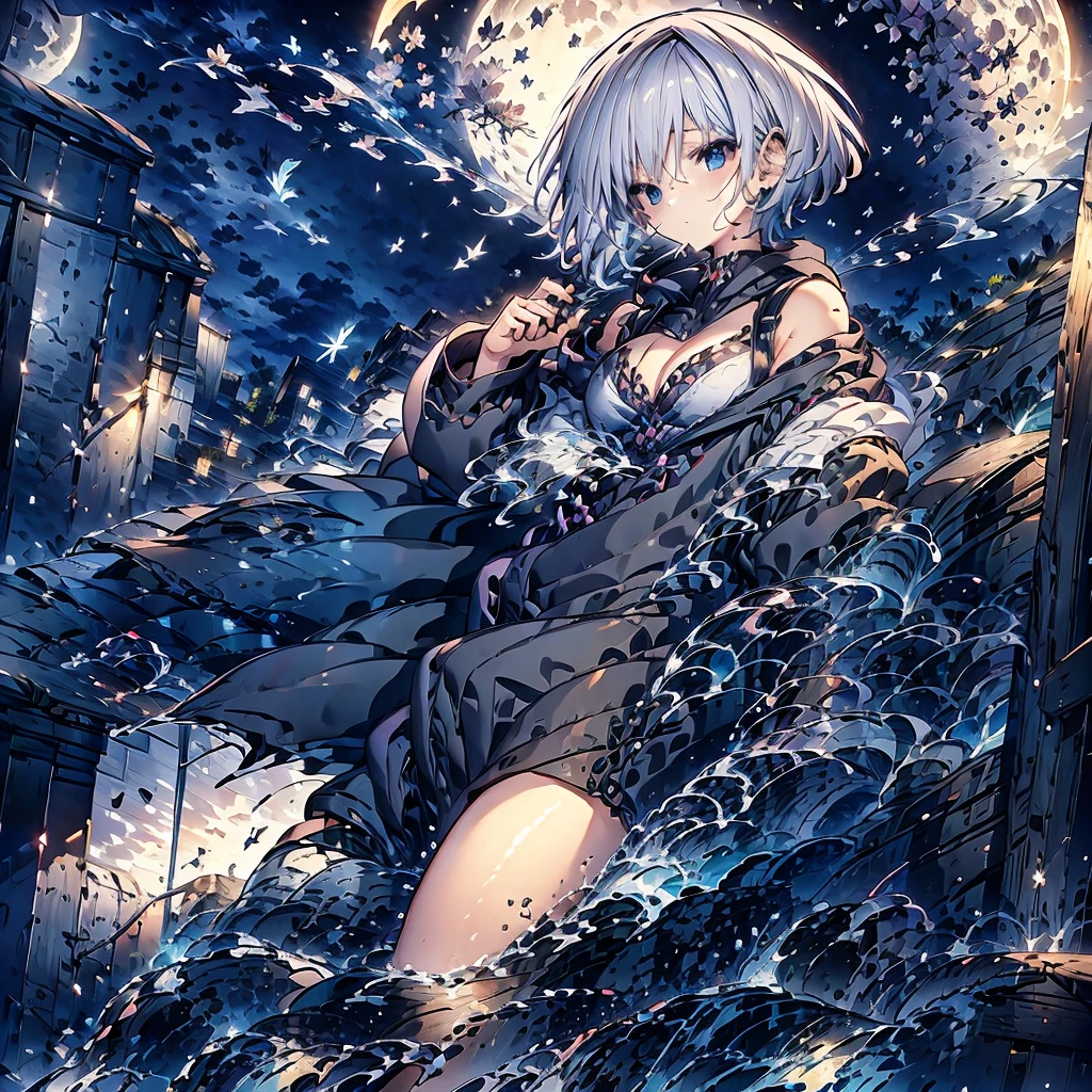 ((((grim Reaper　inflammation))))　(((Gray Hair　Short Hair　blue eyes　female　Close-up)))，((night　full moon　My own big wings))，(Wearing a hood　Black camisole　Purple light)，　A tense look　Shining Background　Shining Edge