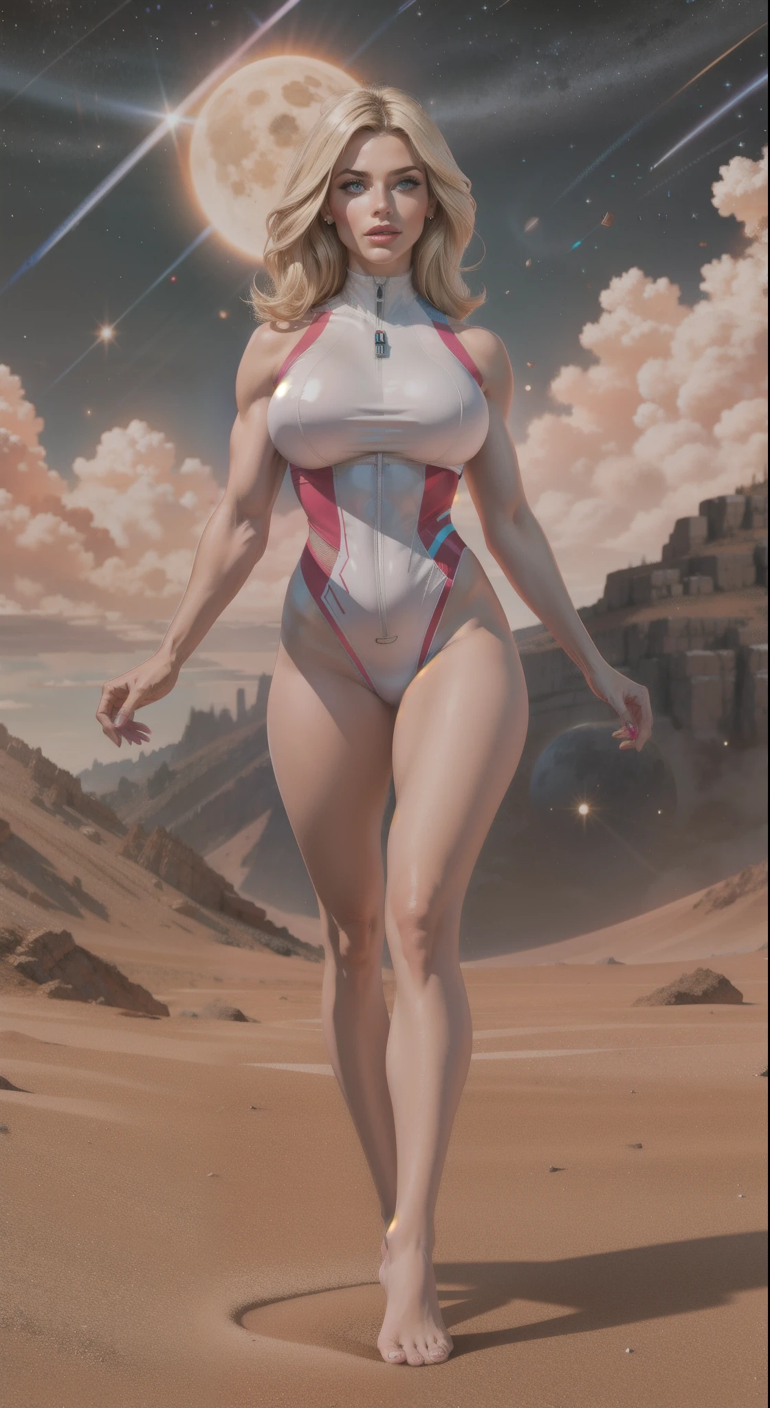 High resolution image of muscular blonde white skin woman, showing full body, breasts big, big-ass, wearing futuristic space sexy outfit, walking on deserted Mars, With Sun, looking at camera, perfect italian style face, fine nose, pink mouth lips, cloused mouth, well-defined eyes with blue irises, show beautiful legs, show your two beautiful feet, beautiful toes, 8K ultra resolution.