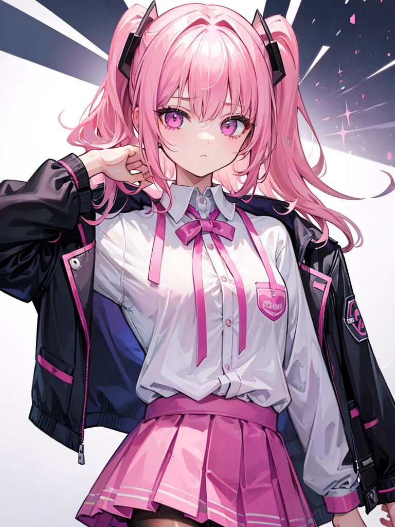 A girl. She is wearing skirt and a shirt, jacket on shoulders. She has pink hair and pink eyes. Close-up. Face 