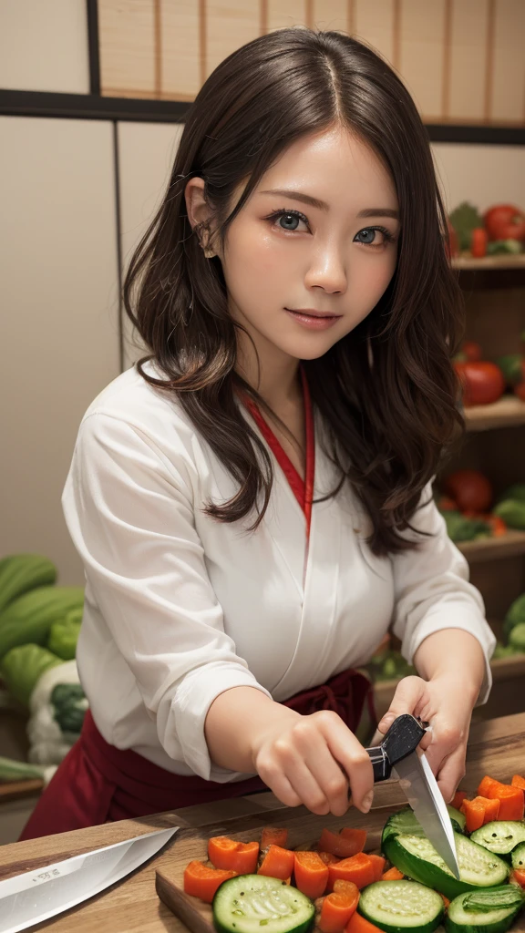 (One woman), Great face and eyes, blue eyes, Captivating smile,  (Stunningly beautiful woman), (Highest quality:1.4), (Very detailedな), (Very detailed CG 統合 8k 壁紙), Very detailed, High-quality RAW color photos, Professional photography, Written boundary depth, 、((cut vegetables with a knife:1.5))、Big Breasts、Long wavy brown hair、(((Japanese:1.5)))