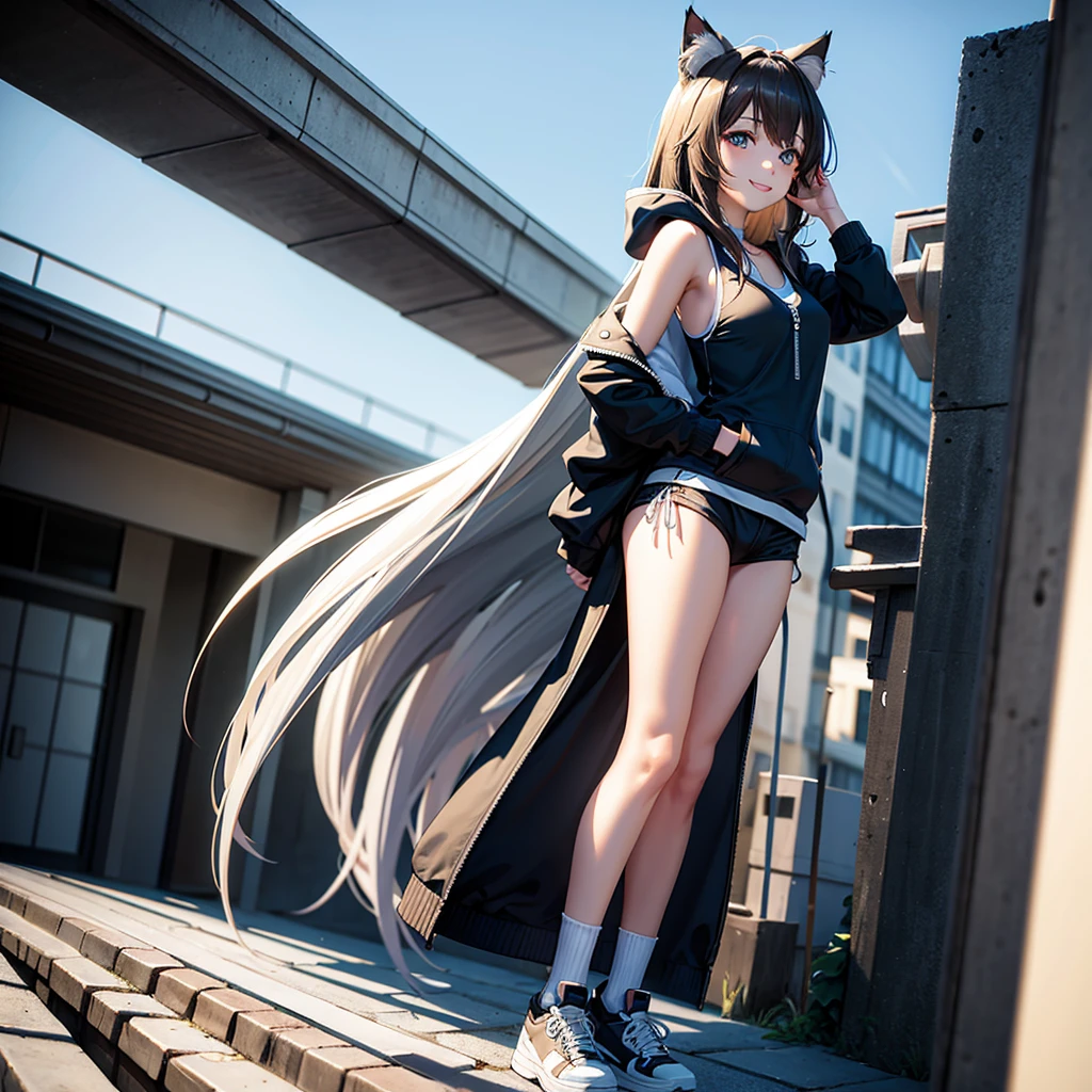 ((masterpiece, Highest_quality)), One girl, (Realistic:1.4), alone, white_background, brown_hair, length_hair, absolute_ryouiki, ((full_body)),Large hooded jacket_The zipper is closed only at the bottom、The belly button is visible、Short tank top_black、Cat ear、It has a big tail、Big sneakers((Hands out in front))、((Leaning forward)),Front face、smile