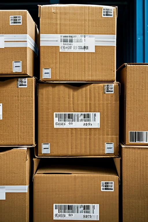 Photo of cardboard boxes stacked on a shelf The bar code is attached from the front Close-up photo