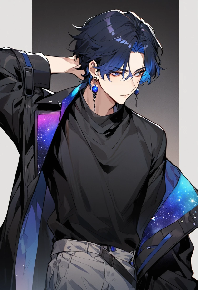 a handsome young man, he wears galaxy colored earrings, he looks so mysterious, He was dressed in a black shirt with his black coat hanging over his shoulder. Manhwa style.