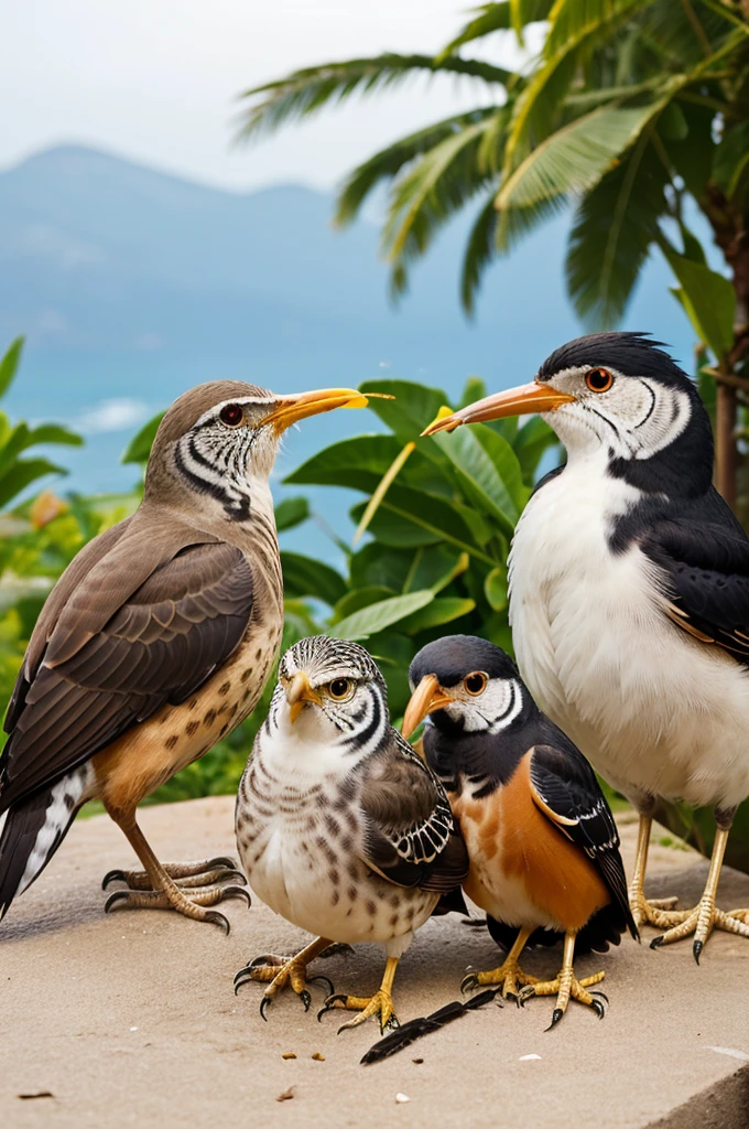 Prepare a pictorial description of any three birds based on their name, way of eating food and place of residence