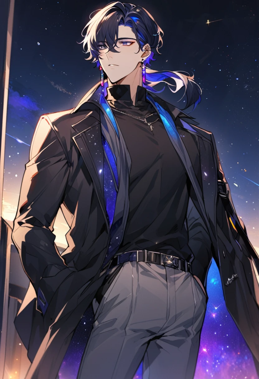 a handsome young man, he wears galaxy colored earrings, he looks so mysterious, He was dressed in a black shirt with his black coat hanging over his shoulder. Manhwa style.  