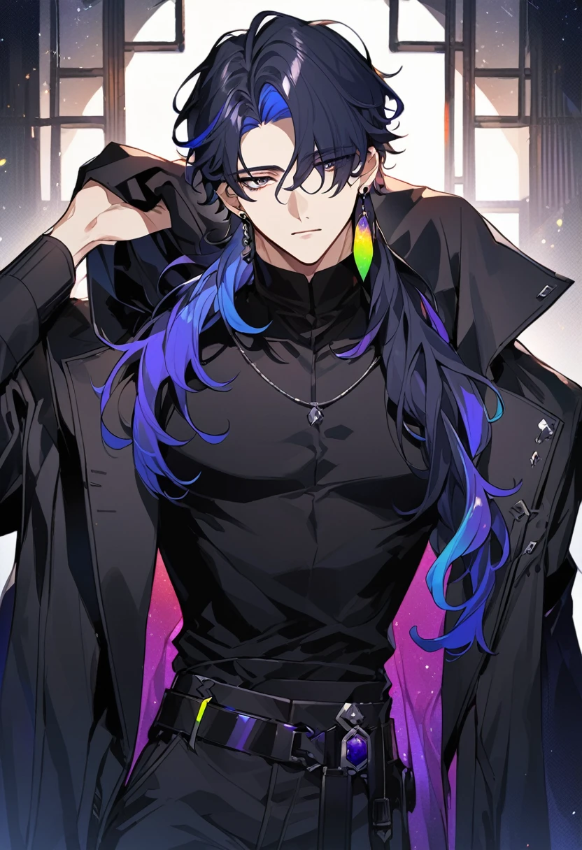 a handsome young man, he wears galaxy colored earrings, he looks so mysterious, He was dressed in a black shirt with his black coat hanging over his shoulder. Manhwa style.