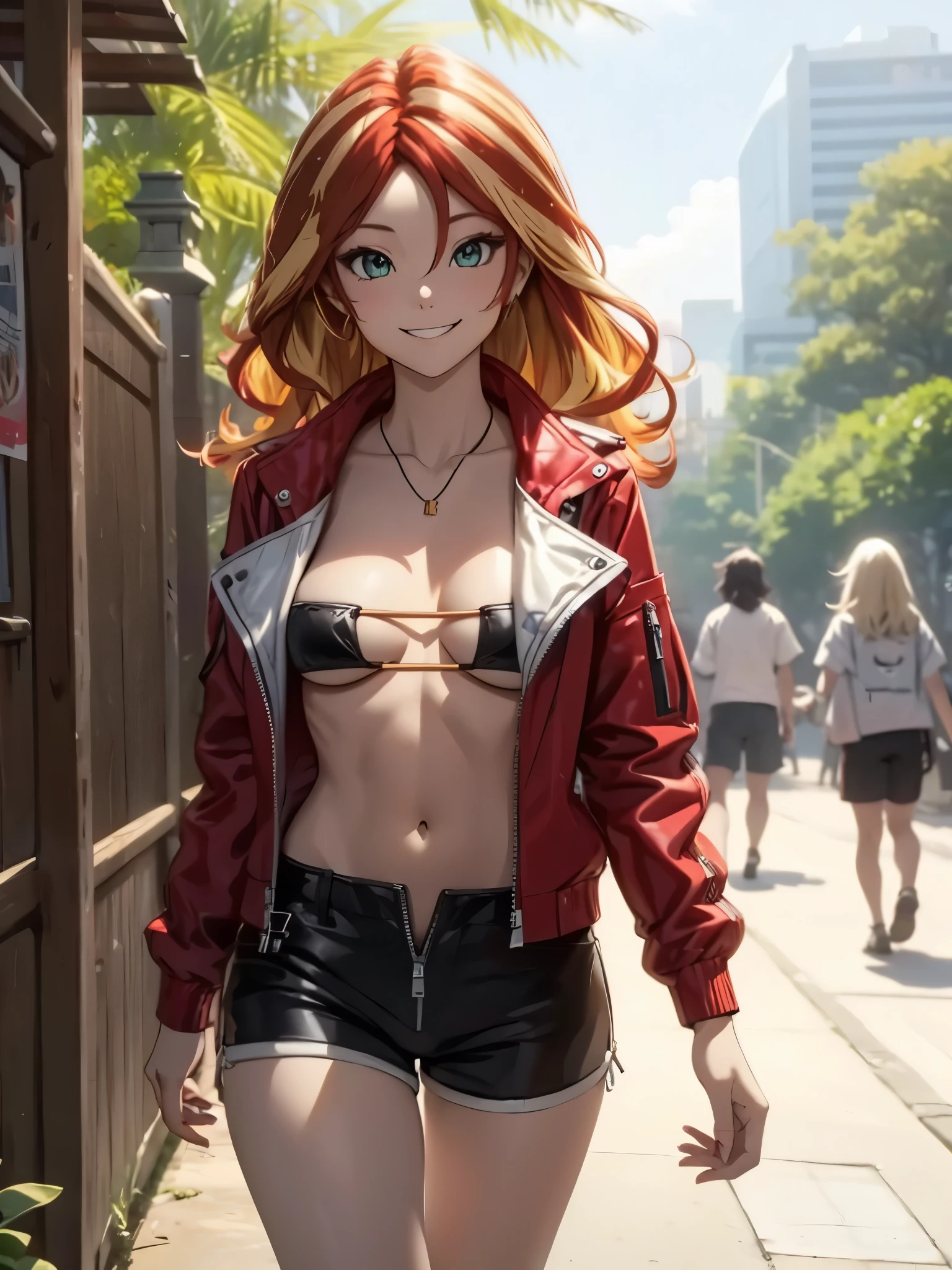 sunsethuman, female, two tones of hair, red and yellow hair, smiling, unzipped shorts, bikini, walking through park