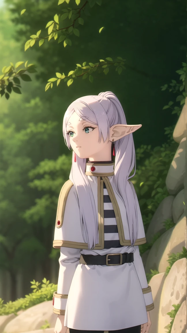 to freeze, to freeze, long hair, ponytail, (green eyes:1.5), White hair, pointed ears, elf, full length (full body 1.1.), , very sexyaked, ose,
BR shirt, long sleeves, jewelry, Tights, earrings, striped, black Tights, lure, striped shirt,
BREAK looking at viewer, upper body, whole body,
BREAK outdoors, sky, nature,
BREAK (masterpiece:1.2), Best quality, A high resolution, unity 8k wallpaper, (illustration:0.8), (beautiful detailed eyes:1.6), very detailed face, perfect lighting, extremely detailed computer graphics, (perfect hands, Ideal Anatomy),
