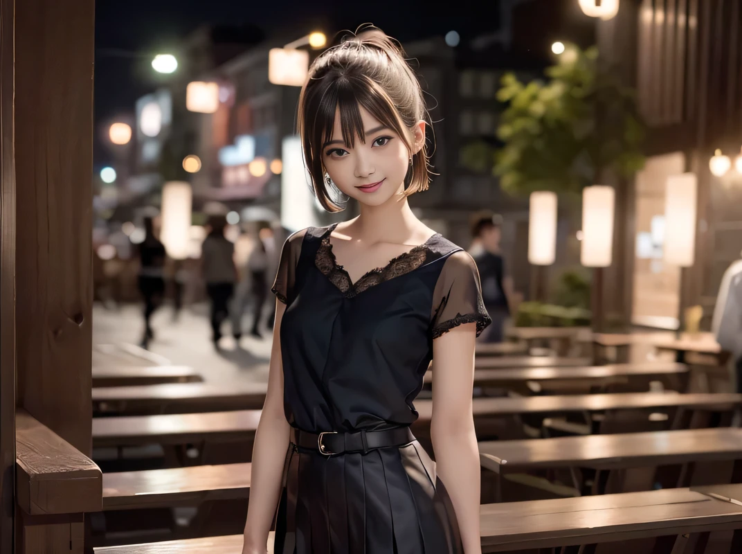 (Highest quality, masterpiece, Ultra-high resolution, 8K, RAW Photos, Realistic, Anatomically correct:1.5), 20-year-old girl:1.2, Embarrassing, avert your eyes, blush:1.0, View Viewer, ((Night Park)) 、Observatory、(Night view)、 Light:1.2, Bokeh, Cinema Lighting:1.0, Depth of written boundary, sharp、 Cute face、Idol、Black short sleeve lace top、Black pleated skirt、Black clothing、”dwarf”、Full Body Shot、Cowboy Shot、 smile、(Ultra short hair、Short ponytail)、(Straight bangs)、((See-through))、(( One Girl))、