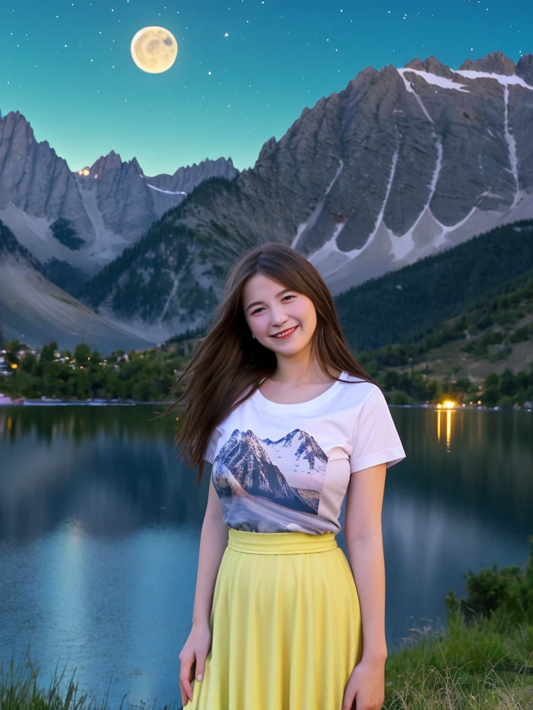 medium shoot, a girl in a tosca t-shirt, long hair, long skirt, smiling broadly with a shy expression, big breast, stars twinkling in the sky. yellow super moon behind the mountains. The calm lake reflects the night. realistic scenes, details, Photorealism, 16k