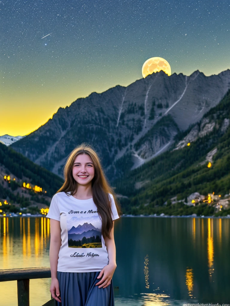 medium shoot, a girl in a tosca t-shirt, long hair, long skirt, smiling broadly with a shy expression, big breast, stars twinkling in the sky. yellow super moon behind the mountains. The calm lake reflects the night. realistic scenes, details, Photorealism, 16k