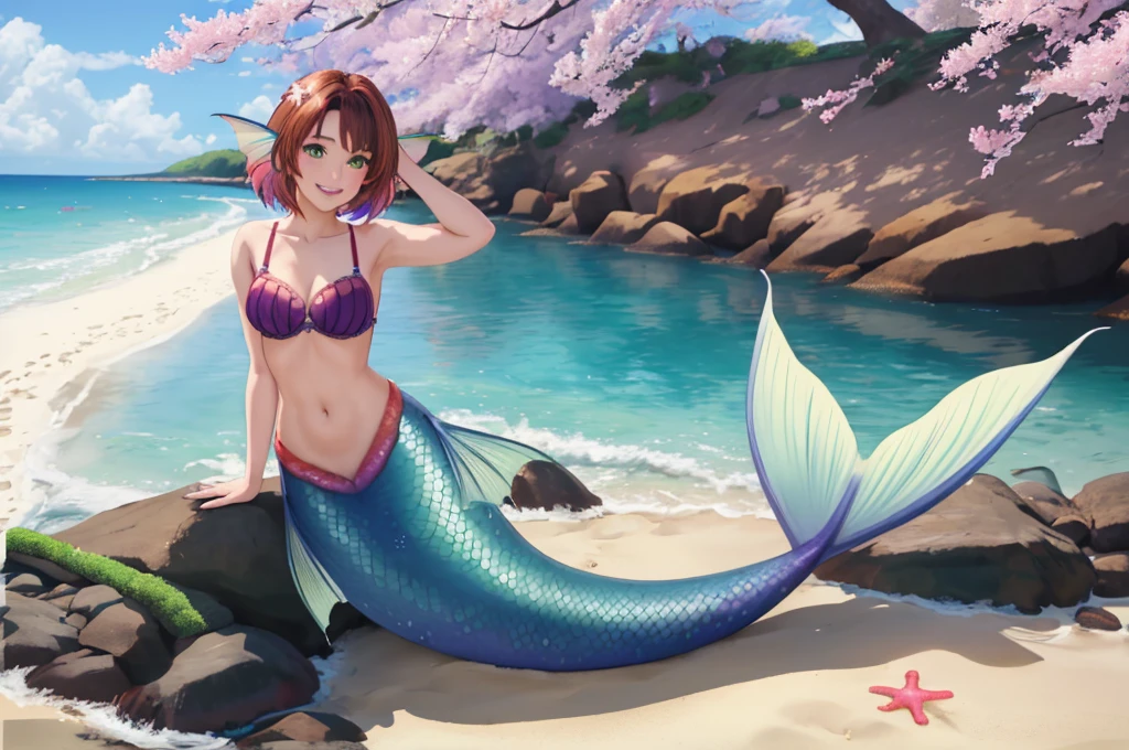 masterpiece, best quality:1.2), 1girl, smile, looking at viewer, green eyes, short brown multicolored hair, mermaid, mermaid girl, wearing purple seashell bra, laying on beach, colorful mermaid tail, outdoors, head fins, fin ears, under cherry blossoms