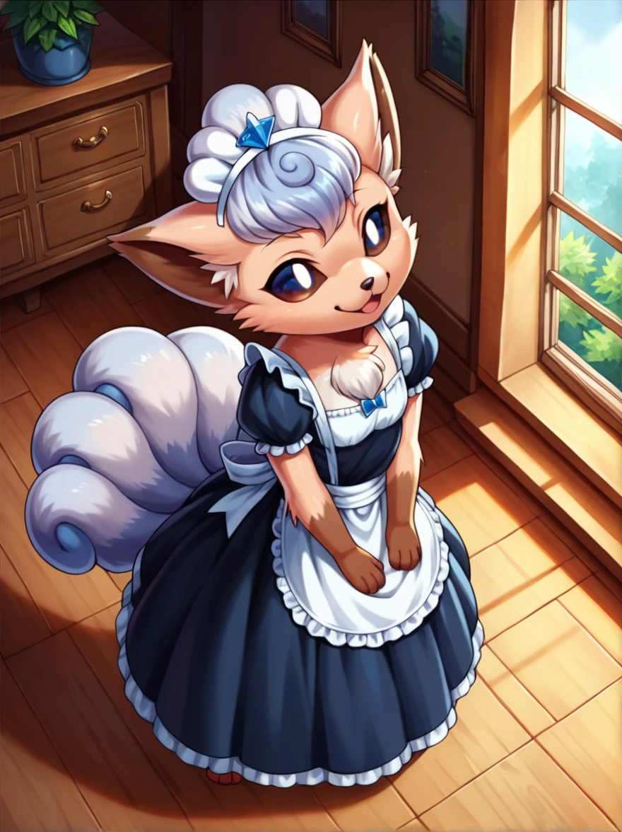score_9, score_8_above, score_7_above, score_6_above, score_5_above, score_4_above, classification_questionable, the second,(furry, the second:1.2) (Detailed fluffy fur), Alone, female,,alolan vulpix , beautiful, ,pokemon,(small old), ,old , , ,beautiful, beautiful, beautiful eyes, beautiful head, ), (Beautifully detailed face, oily and shiny skin), (detailed eyes, sharp eyes, clear paboveils:0.8), Masterpiece, happy, empty hands, SMILE,boca, living room background,House,dress, Wear maid outfit, 