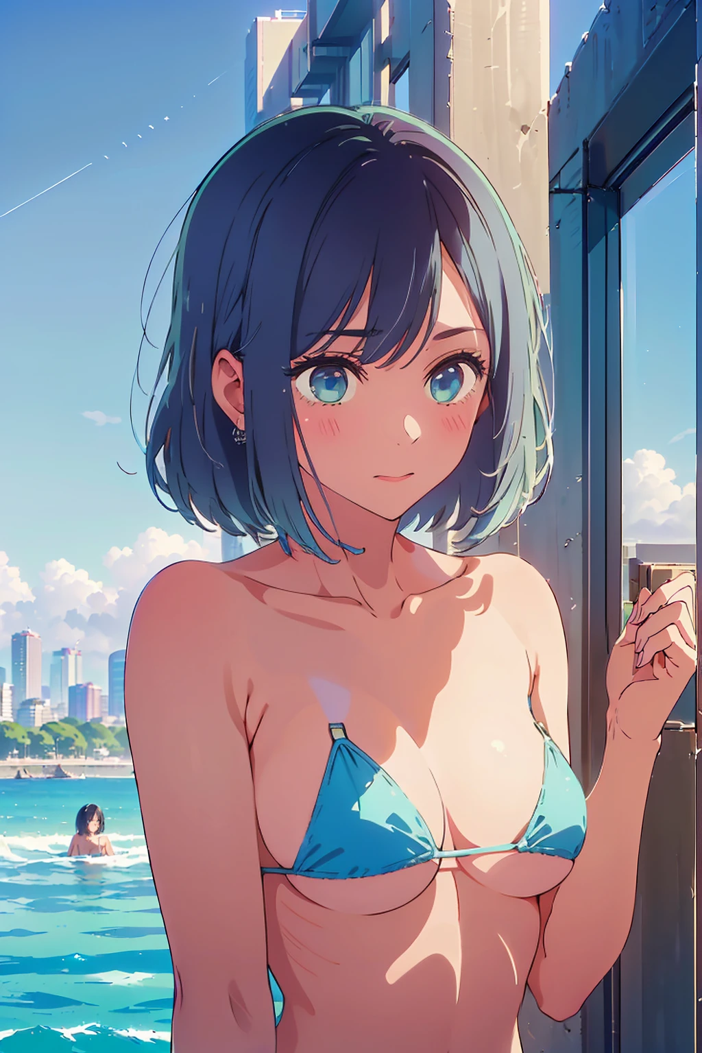 (Highest quality:1.4、masterpiece:1.4、Super detailed:1.4、Ultra-high resolution:1.4、8K:1.4)、Slim body、Big Breasts、((((1 person、Surprised expression、In the background are the urban buildings of Tokyo、looking at the camera、Seaside café terrace、Get up close and take a photo、Shooting from the side、Photographing the upper body、Very cute face))))、((((nude、very beautiful areola))))、(Pose with hair tucked behind ear with one hand:1.4)、(((bikini)))、valley、Very blue sky、A completely cloudless sky