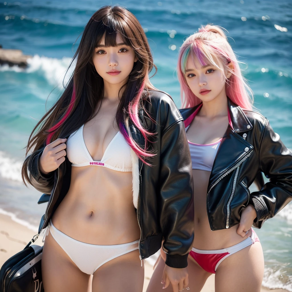middle School girls,smile,Multiple girls,Beautiful girls,Horny girl,Best Quality,Perfect Girl,Super cute girl,Group photo,Swimwear,bikini,leather jacket,Ocean,fur jacket,Long Hair、She has her bangs down,Multi-colored hair,Ultra HD,Young girl,Sex,Naughty Girls,Blowjob,Full body image,Absurd,Beautiful girls,