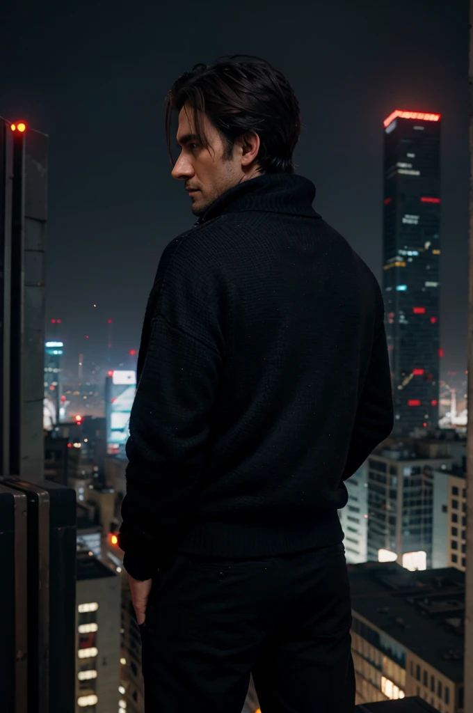 The handsome man wearing a black sweater and a red fluttering scarf on top of the building is looking at his beautiful city from behind the cyberpunk city at night. 