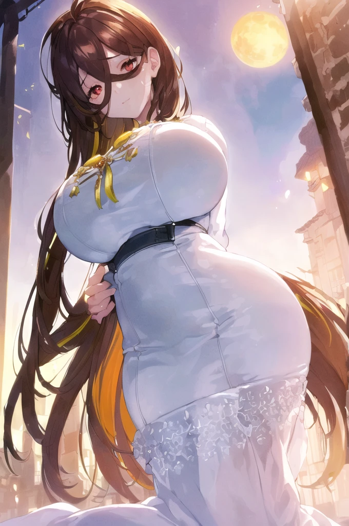 ((((Obra maestra, La mejor calidad, ultrahigh resolution)))), 1girl, kneeling,), ((long pure brown hair, hair over eye)), long hair cut, shiny skin, ((red eyes)), glowing_eyes, neon eyes, (ultra detailed eyes:0.7, beautiful and detailed face, detailed eyes:0.9), smirk, facing viewer, ((vibrant background, dark lighting, summer, sunlight)), large chested, looking at viewer, ((half closed eyes)), ((perfect hands)), (((head:1, arms, hips in view, elbows, in view))), ((hands behind back)), empty eyes, beautiful lighting, ((outside, outdoors)), defined subject, head tilt, (((gritty)), ((creepy)), ((cool)), ((beautiful)), (((SFW))), hair ornament, petals in the air, moon in the sky, city, mature woman, adult woman, sfw, pink and white dress, night dress, she is a princess, large chest, big boobs,