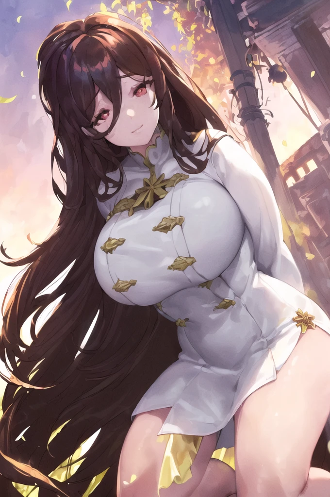 ((((Obra maestra, La mejor calidad, ultrahigh resolution)))), 1girl, kneeling,), ((long pure brown hair, hair over eye)), long hair cut, shiny skin, ((red eyes)), glowing_eyes, neon eyes, (ultra detailed eyes:0.7, beautiful and detailed face, detailed eyes:0.9), smirk, facing viewer, ((vibrant background, dark lighting, summer, sunlight)), large chested, looking at viewer, ((half closed eyes)), ((perfect hands)), (((head:1, arms, hips in view, elbows, in view))), ((hands behind back)), empty eyes, beautiful lighting, ((outside, outdoors)), defined subject, head tilt, (((gritty)), ((creepy)), ((cool)), ((beautiful)), (((SFW))), hair ornament, petals in the air, moon in the sky, city, mature woman, adult woman, sfw, pink and white dress, night dress, she is a princess, large chest, big boobs,