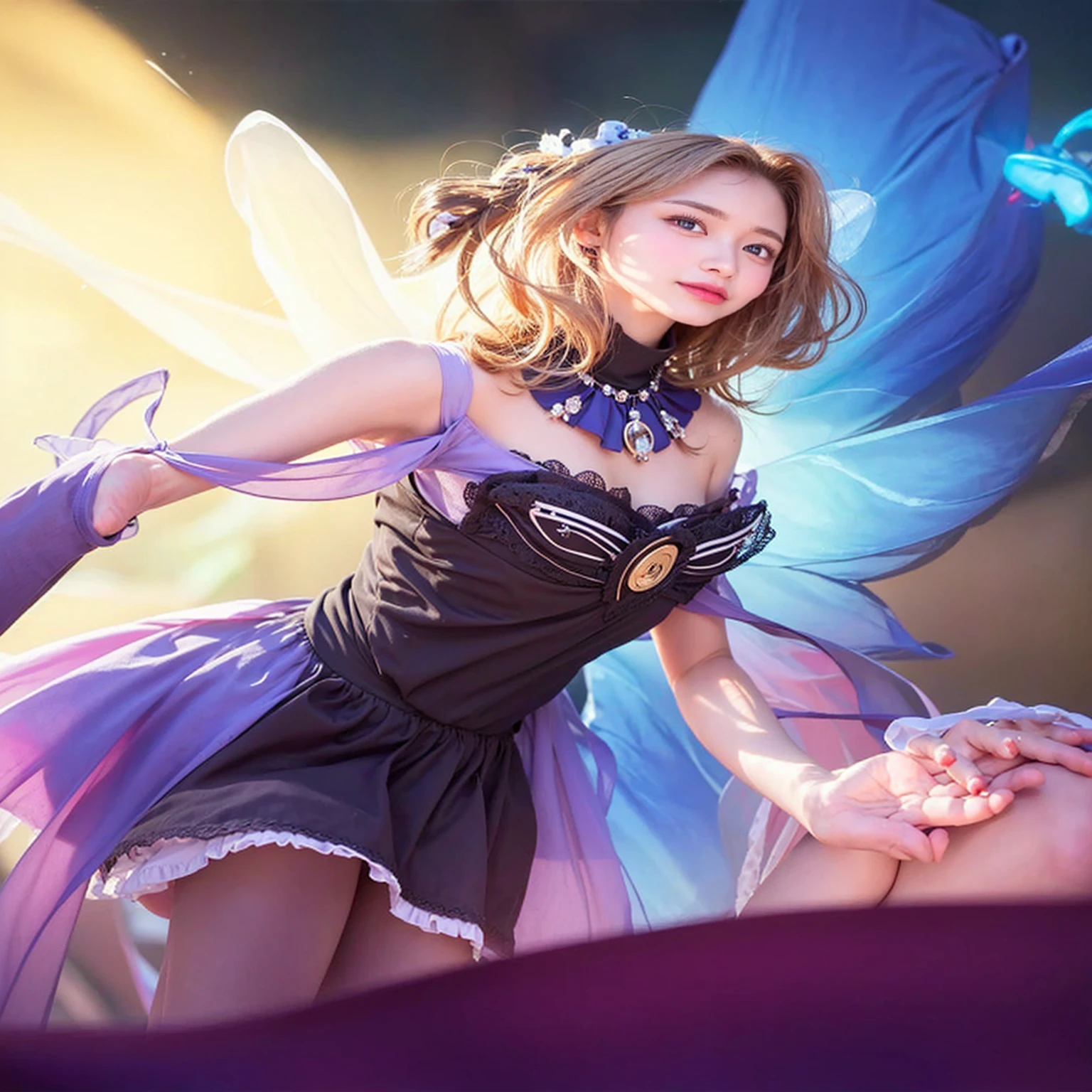 hight resolution, top-quality, Perfect dynamic composition, Beautiful detailed eyes, off shoulders、Radiant hair、Medium Hair, Natural Color Lip, college aged、Harajuku、A slight smil、Crouched figure、M-shaped legs