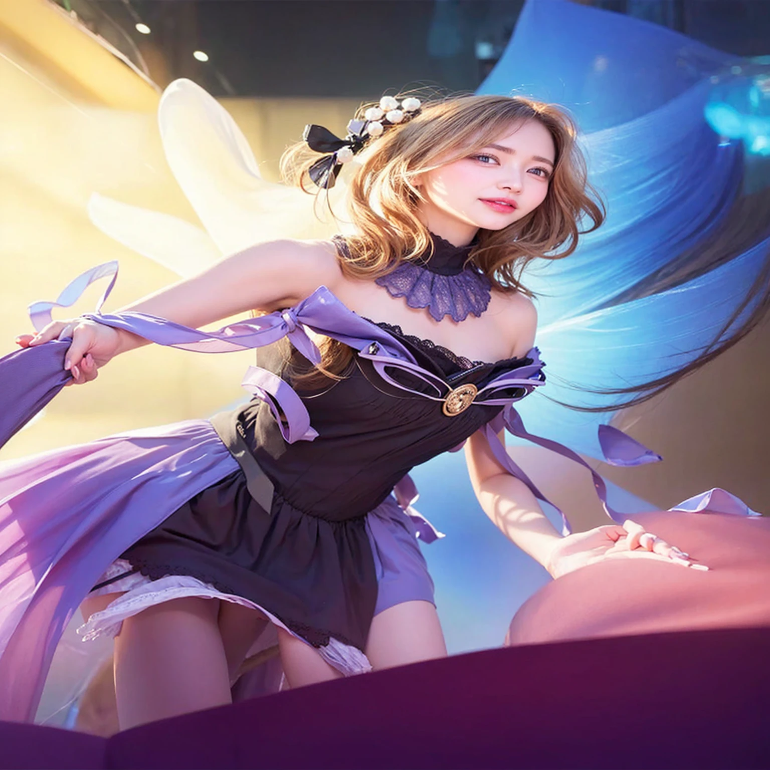 hight resolution, top-quality, Perfect dynamic composition, Beautiful detailed eyes, off shoulders、Radiant hair、Medium Hair, Natural Color Lip, college aged、Harajuku、A slight smil、Crouched figure、M-shaped legs