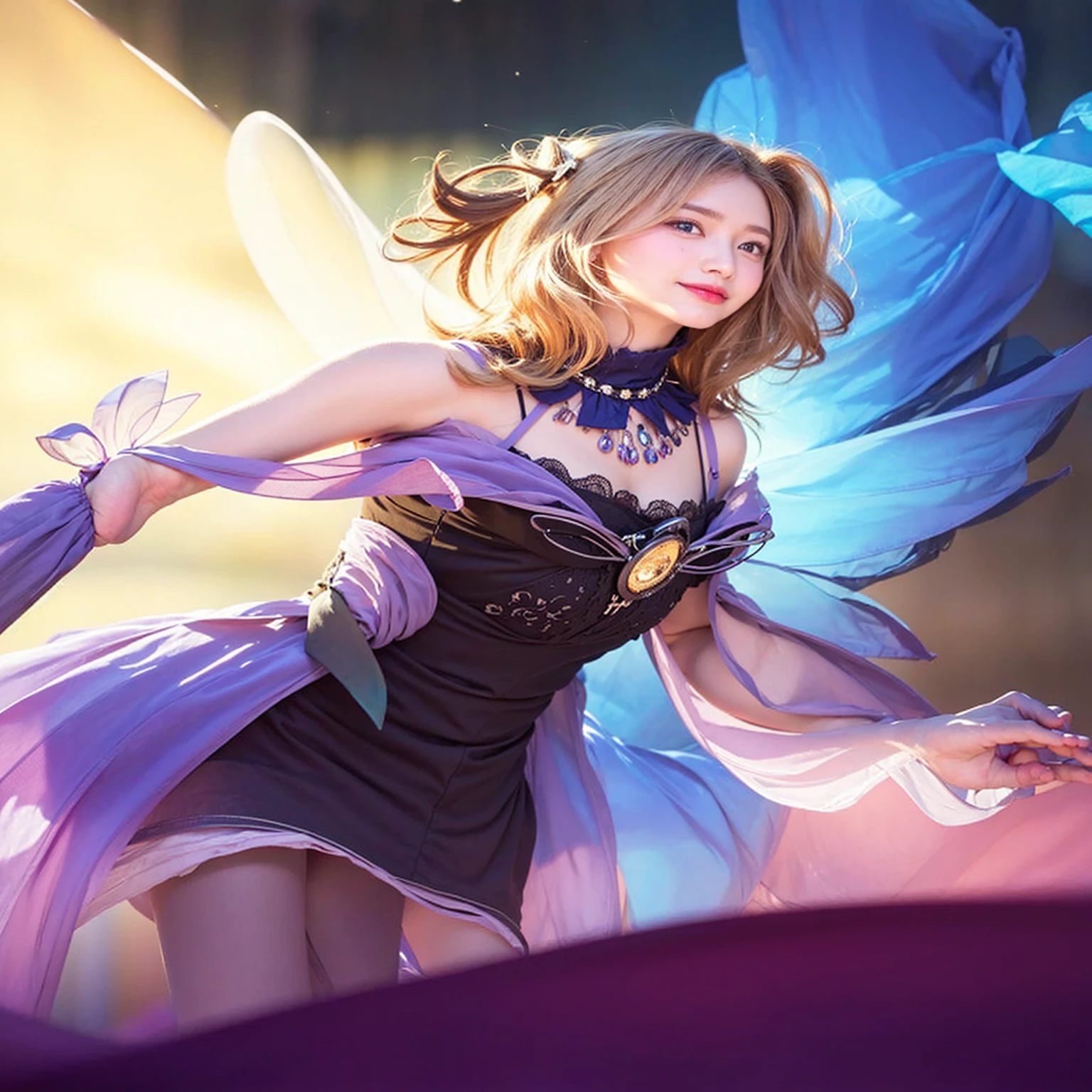 hight resolution, top-quality, Perfect dynamic composition, Beautiful detailed eyes, off shoulders、Radiant hair、Medium Hair, Natural Color Lip, college aged、Harajuku、A slight smil、Crouched figure、M-shaped legs