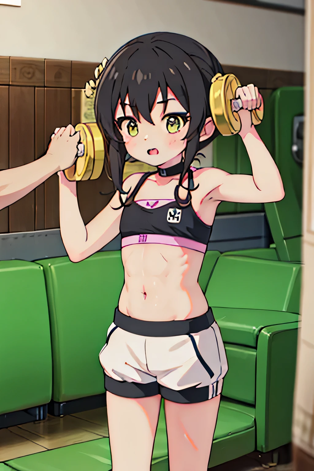 1 cute muscle girl,Has short black hair,coordination,Strong arms,Eight-pack abs,whole body,Blue veins,dumbbell,cute