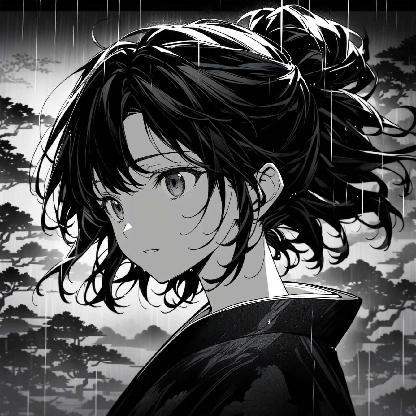 Beautiful anime portrait,Black monochrome,Oriental Wallpaper,Gray-black,Feeling,very anime style,Japanese Samurai,rain,Close-up,Soft Light,Rich in details,The expression is firm,Kimono decoration,Background blur,Vivid colors,情Feeling深沉