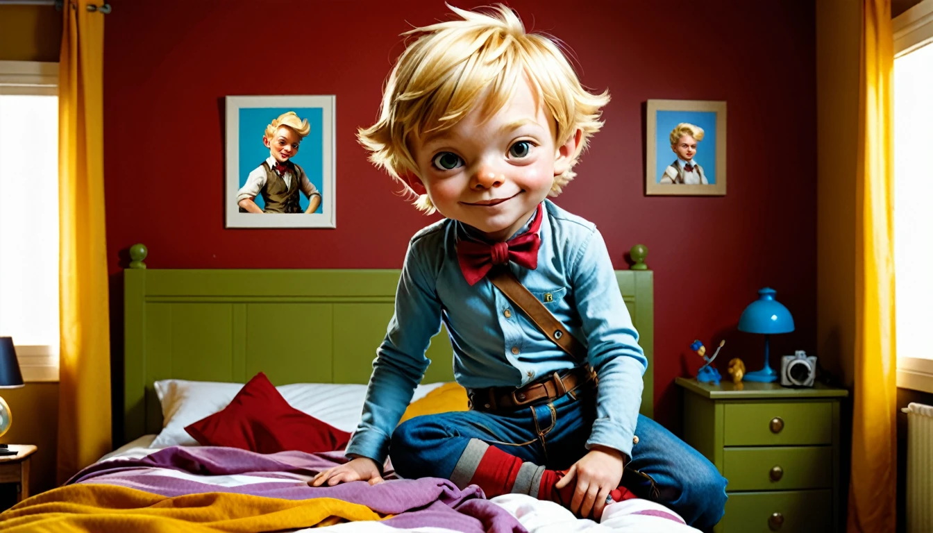 (style de film photo), anthropomorphe, mignon blond, , dans sa chambre, étudier, 2D, coloré, Ambiance chaleureuse, brillant, Jean-Baptiste Monge style, À la manière d'Alan Lee