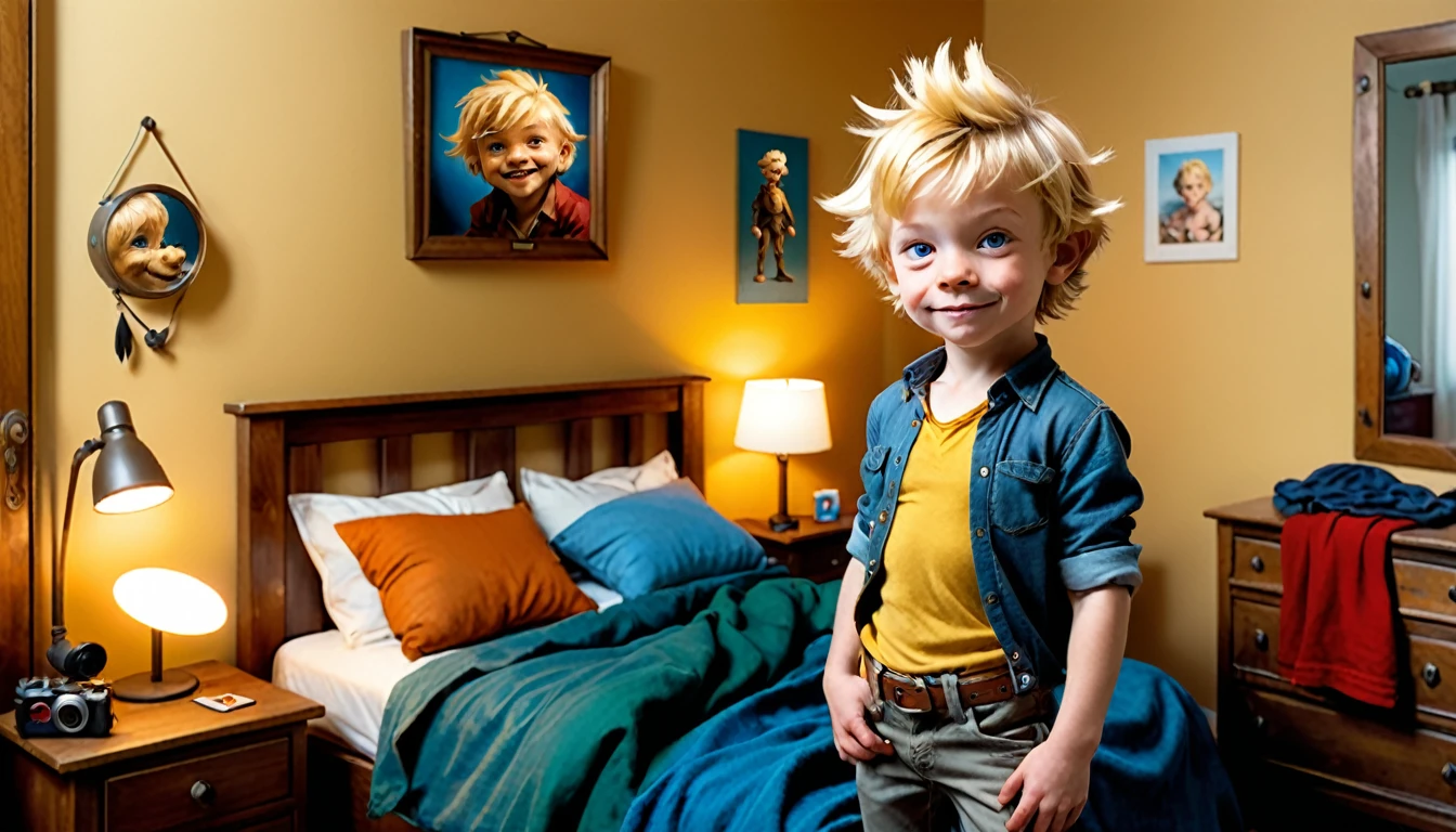 (style de film photo), anthropomorphe, mignon blond, , dans sa chambre, étudier, 2D, coloré, Ambiance chaleureuse, brillant, Jean-Baptiste Monge style, À la manière d'Alan Lee
