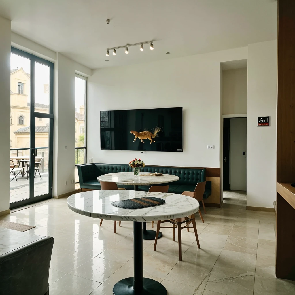 The interior of the restaurant is modern style. There is a round flat table in the middle. There is a five-page screen on the left rear of the table. There are no stools and no marble floor. There is a carp sculpture on the right front.