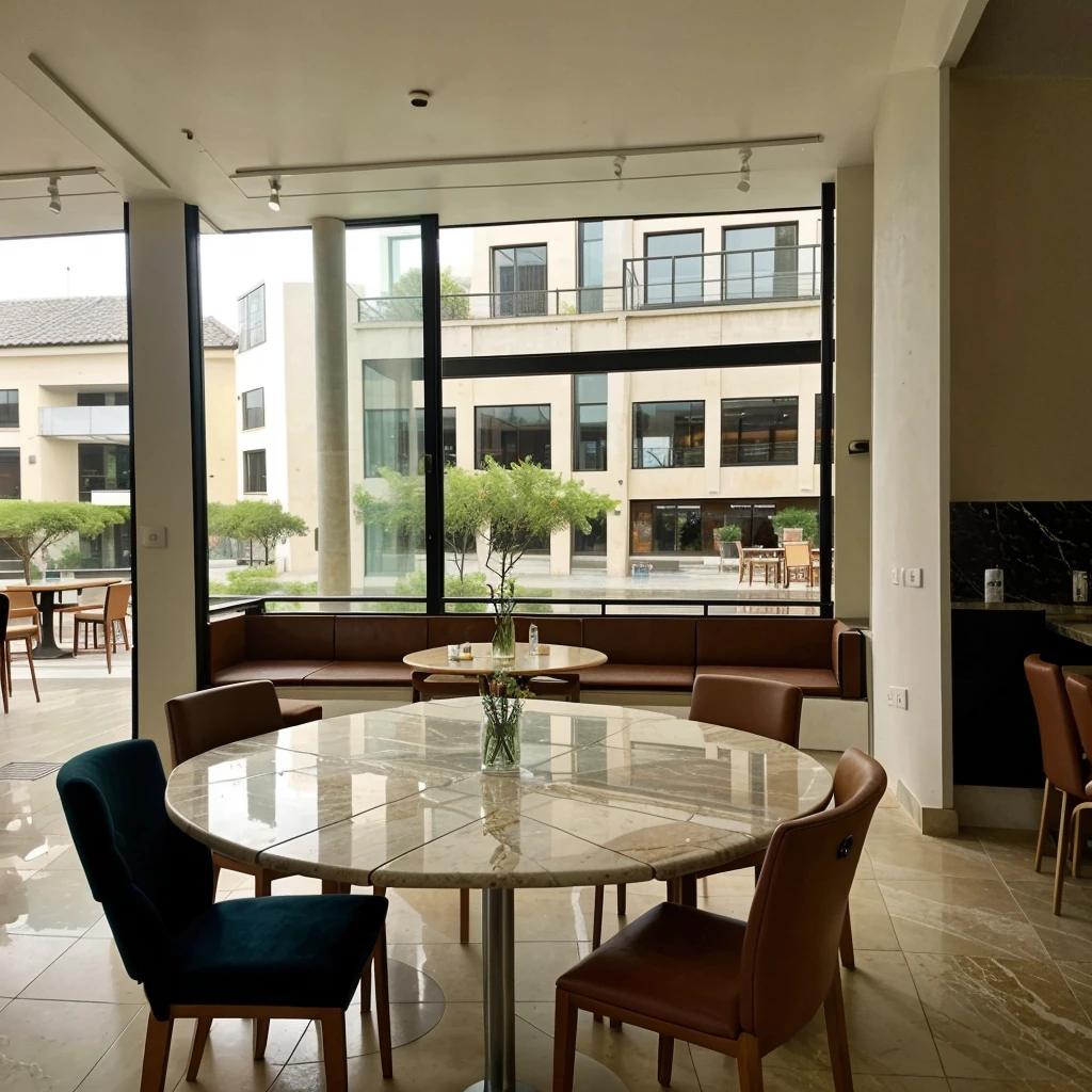 The interior of the restaurant is modern style. There is a round flat table in the middle. There is a five-page screen on the left rear of the table. There are no stools and no marble floor. There is a carp sculpture on the right front.
