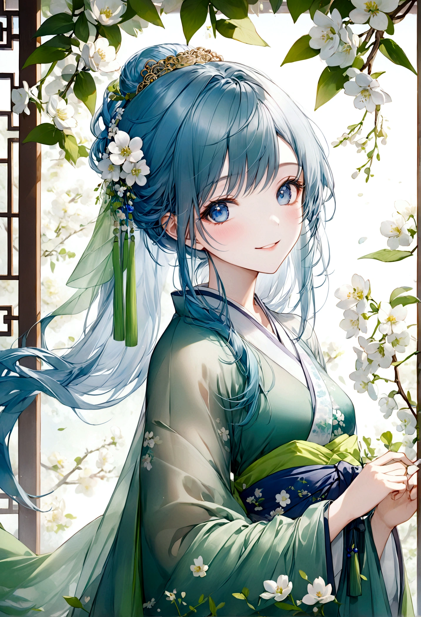 ((top-quality)), ((masterpiece)), ((ultra-detailliert)), (extremely delicate and beautiful), beautiful woman, bright light blue hair, long hair, sapphire blue eyes, traditional chinese hairstyle, wearing beautiful hanfu dress, sheer green hanfu, flowy shawl, shawl is sheer spring green, sweet smile, relaxed expression, fair complexion, delicate white flowers background