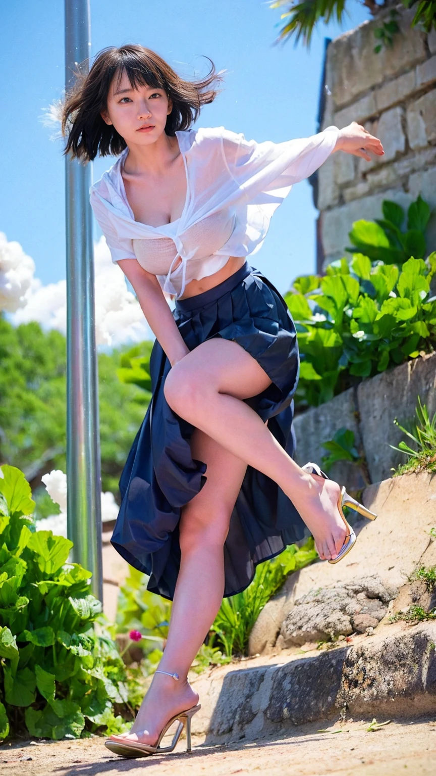 ((Viewing angle from below:1.52、Highest quality、masterpiece、32k、Every detail))、(((A strong wind blows up her hair and skirt:1.62)))、Descend the outdoor stairs、commute、whole body、Traditional navy blue sailor uniform、Outgrown white blouse、(((Mini Pleated Skirt, No :1.22)))、(( I always carry my bag strap across my body.:1.42))、One Girl, alone、((((Big Breasts、barefoot, High heels))))